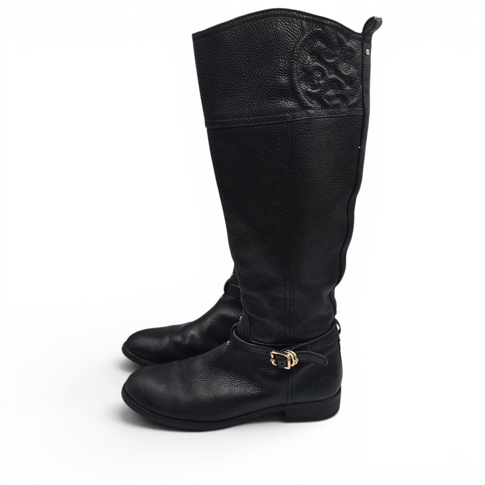 Tory Burch Black Pebbled Leather Riding Boots Size 9M Embossed Logo Gold Buckle